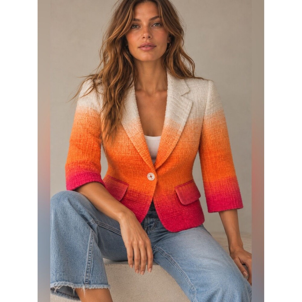 NWOT Boston Proper Ombre Tweed Blazer Jacket White Orange Pink Women’s Size 0